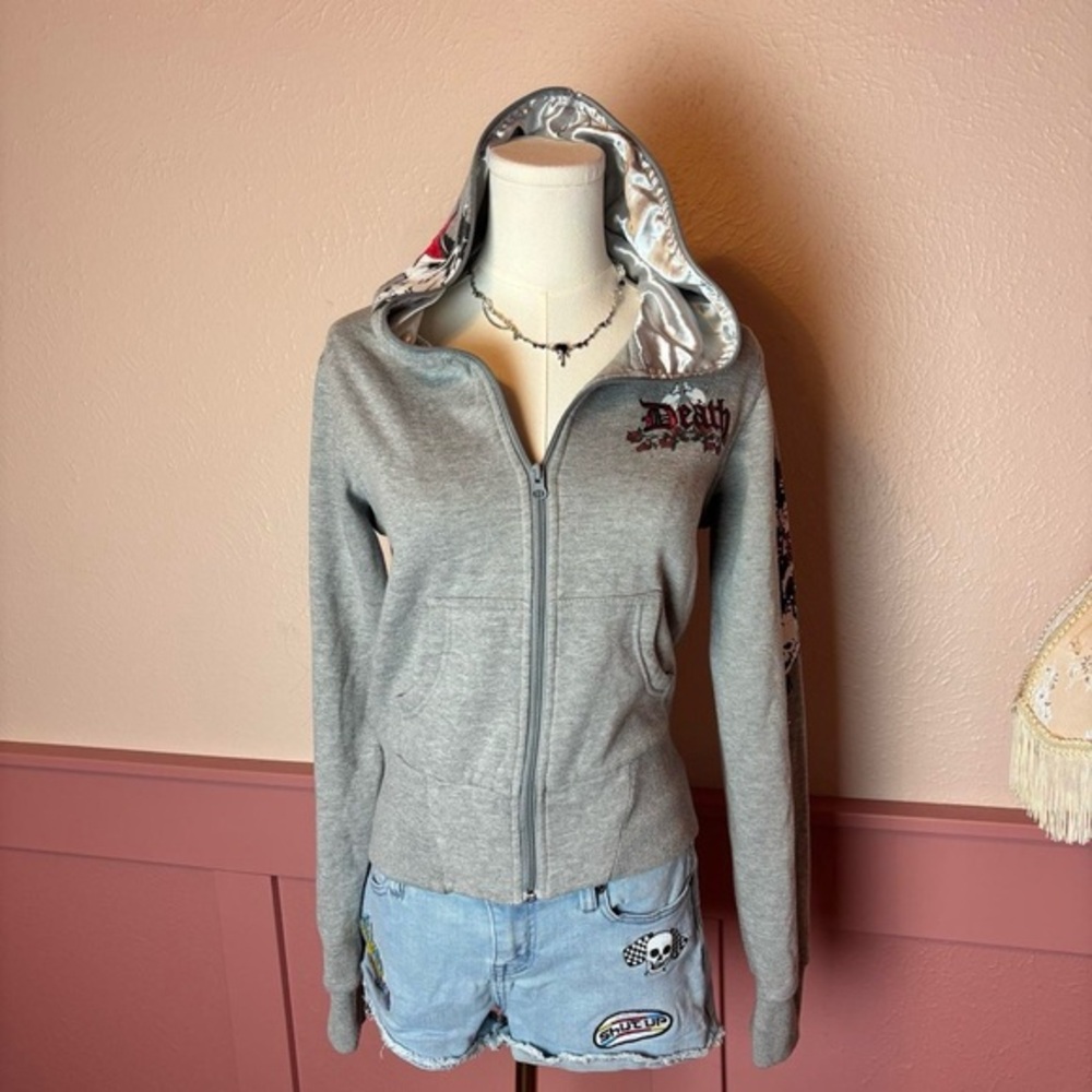 Soho Babe Love Y2K Skull Full Zip Hoodie Goth Grunge Emo Grey Red Size XL
